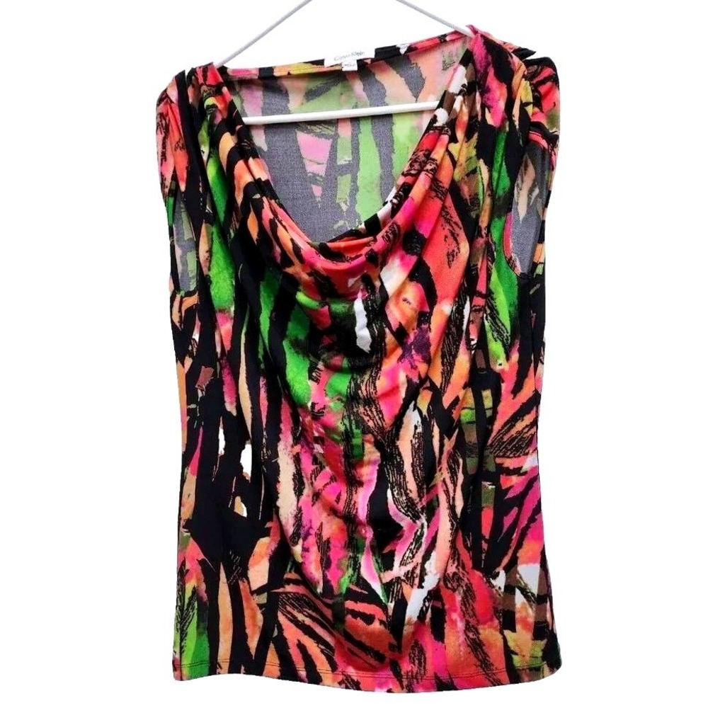 Calvin Klein Cowl Neck Top Womens Medium Art to Wear Abstract Sleeveless Office